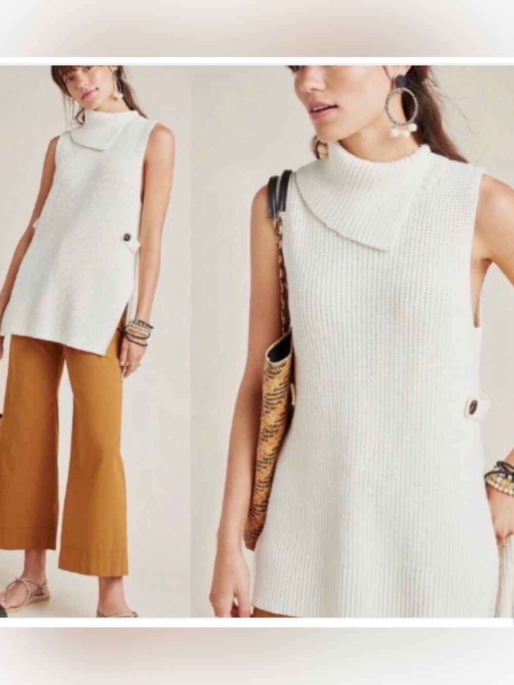 Anthropologie Cream Sleeveless Cowl Tunic Sweater